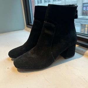 Black faux suede ankle boots with heel, zipper along the back